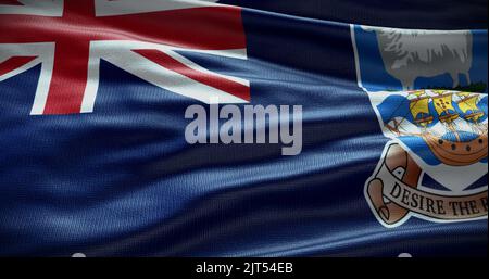 Falkland-Inseln Nationalflagge winkt Hintergrund. Flacher Hintergrund mit Kopierbereich. Stockfoto