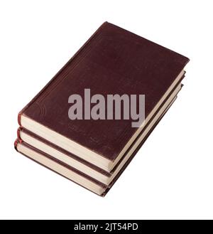 Stapel alter Bücher auf weißem Hintergrund isoliert. Bücherregal. Das Buch ist in einem Stoffbezug. Vintage-Bindung. Stockfoto