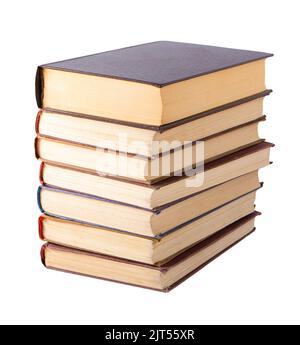 Stapel alter Bücher auf weißem Hintergrund isoliert. Bücherregal. Das Buch ist in einem Stoffbezug. Vintage-Bindung. Stockfoto