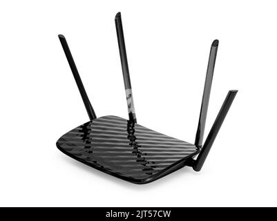 Moderner WLAN-Router für 5G, auf weißem Hintergrund mit Beschneidungspfad Stockfoto