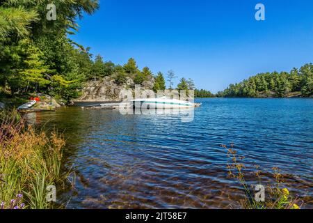 Schnellboot auf Georgian Bay, Ontario, Kanada auf Francis Island Stockfoto
