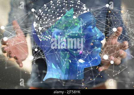 Eine Nahaufnahme von 3D gerenderten anatomischen Modell des menschlichen Gehirns schwebt in mans Hand Stockfoto