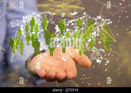 Ein 3D gerendertes globales Netzwerk schwebte in der Hand des Menschen Stockfoto