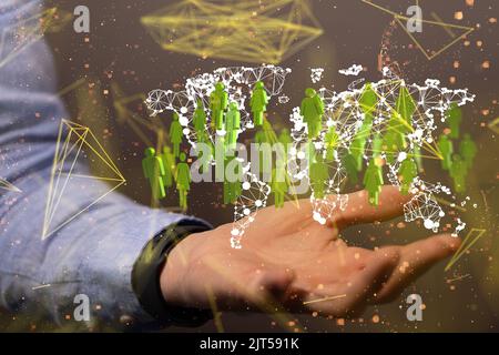 Ein 3D gerendertes globales Netzwerk schwebte in der Hand des Menschen Stockfoto