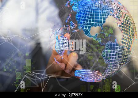 Eine von 3D gerenderte Weltkarte, die in der mans-Hand schwebt Stockfoto