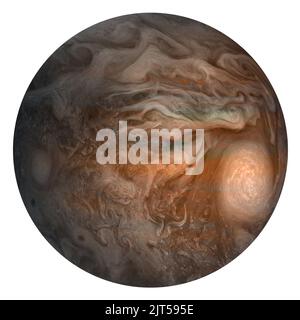 Jupiter isoliert auf weißem Hintergrund, Collage mit aufsteigenden und absteigenden Wolken. Elemente dieses Bildes, die von der NASA eingerichtet wurden. Stockfoto