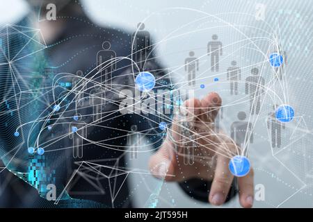 Ein 3D gerendertes globales Netzwerk schwebte in der Hand des Menschen Stockfoto