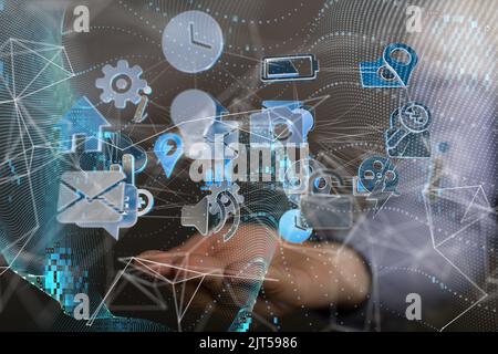 Ein 3D gerendertes digitales Netzwerk schwebte in der Hand eines Mannes Stockfoto