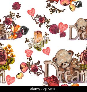 Hand gezeichnet Aquarell nahtlose Vintage-Muster mit Kinder-Spielzeug Teddybär und trockene Rosen, Schlüssel, hearts.Valentines Tag, Baby-Dusche, Kinder Geburtstag. Stockfoto