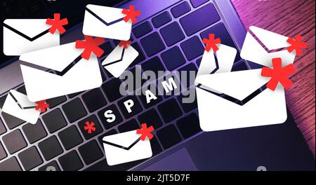 Notebook-Tastatur Konzept des Spam-Mail-Schutzes. Phishing, Betrug und Hack. Netzwerksicherheit. Stockfoto