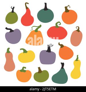 Verschiedene geformte Kürbisse. Sammlung von handgezeichneten Vektorgrafiken. Stock Vektor