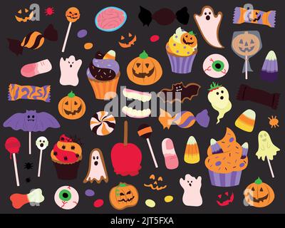 Halloween Feier im Zusammenhang mit Süßigkeiten, Desserts und Süßigkeiten. Sammlung von handgezeichneten, Vektor-Cartoon-Illustrationen. Stock Vektor