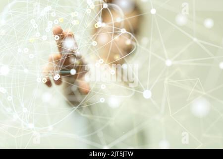 Ein 3D gerendertes globales Netzwerk schwebte in der hand von mans Stockfoto