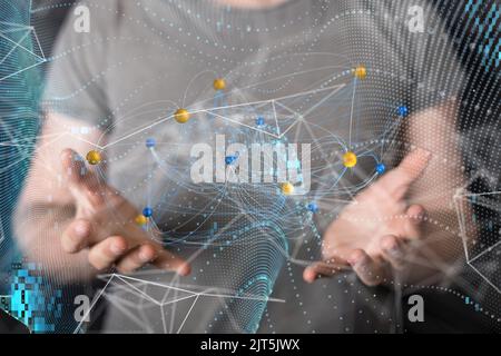 Ein 3D gerendertes globales Netzwerk schwebte in der hand von mans Stockfoto