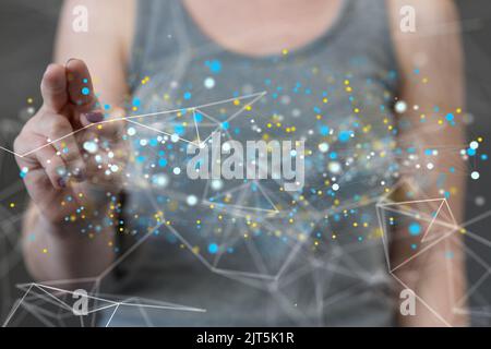 Ein 3D gerendertes globales Netzwerk schwebte in der hand von mans Stockfoto