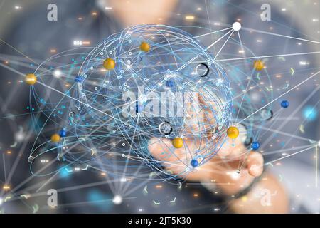 Ein 3D gerendertes globales Netzwerk schwebte in der hand von mans Stockfoto