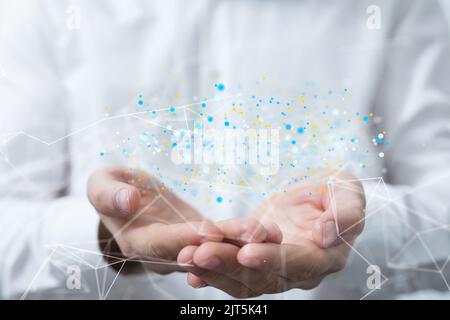 Ein 3D gerendertes globales Netzwerk schwebte in der hand von mans Stockfoto