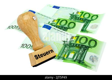300 Euro Geldscheine und Deutscher Stempel mit Steuern auf weissem Hintergrund Stockfoto