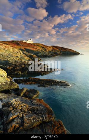 Morgenlicht auf Point Lynas Leuchtturm. Anglesey, Nordwales, Großbritannien. Stockfoto