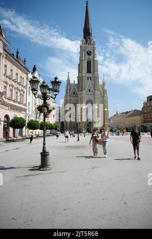 Name der Marienkirche auf dem Platz der Freiheit von Novi Sad, Serbien Stockfoto