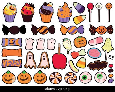 Halloween Feier im Zusammenhang mit Süßigkeiten, Desserts und Süßigkeiten. Sammlung von handgezeichneten, Vektor-Cartoon-Illustrationen. Stock Vektor