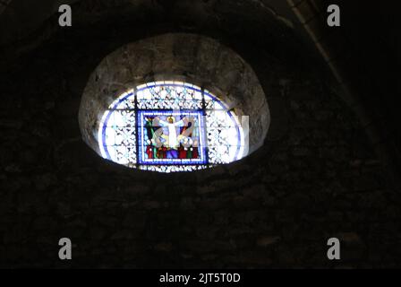 NOTRE DAME DE BONNE NOUVELLE. MONTAIGUT EN COMBRAILLE-SCHRIFT. PUY DE DÔME. FRANKREICH Stockfoto