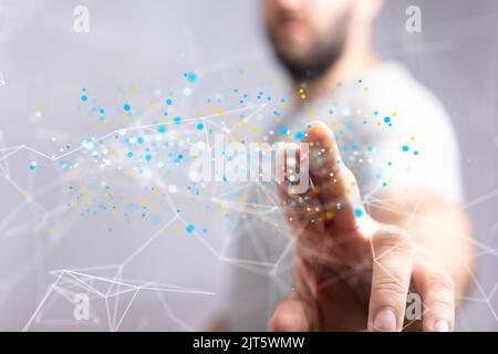 Ein 3D gerendertes globales Netzwerk schwebte in der hand von mans Stockfoto