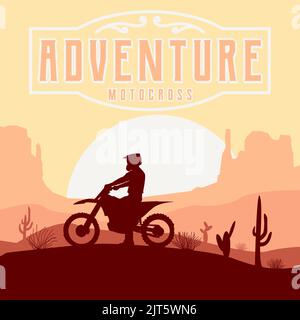 Ein farbenfrohes Design eines Logos eines Motorradfahrers in einer Wüste mit editierbarem Text Adventure Motocross Stock Vektor