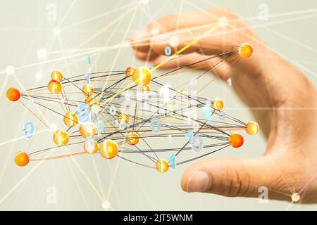 Ein 3D gerendertes globales Netzwerk schwebte in der hand von mans Stockfoto