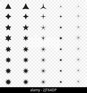 Stars-Kollektion. Sternvektorsymbole. Schwarzer Satz von Sternen, isoliert auf transparentem Hintergrund. Sternsymbol. Sterne in modernem, schlichten, flachen Stil Stock Vektor