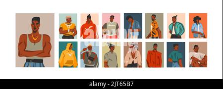 Handgezeichnete Vektor abstrakte Grafik Illustrationen Kollektion Set mit jungen glücklichen schwarzen afro amerikanischen Schönheit Männer Gruppe Lifestyle Avatar Porträt Stock Vektor