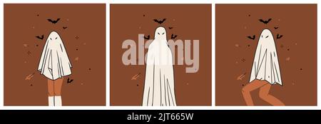 Handgezeichnete abstrakte Vektor Grafik Cliparts Illustration, Halloween Urlaub Kostüm Party Erwachsene Menschen Charaktere Sammlung Karten Vorlage set.Creepy Stock Vektor