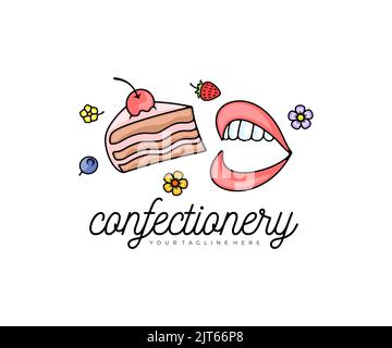 Stück Kuchen, Lippen und Mund, Blumen und Beeren, Logo-Design. Lebensmittel, Speisen, Süßwaren, Gebäck und Backwaren, Vektorgrafik und Illustration Stock Vektor