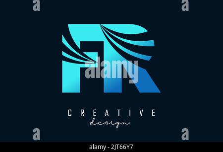 Kreatives, blaues FR f r-Logo mit führenden Linien und Straßenkonzept. Buchstaben mit geometrischem Design. Vektor-Illustration mit Brief und Kreati Stock Vektor