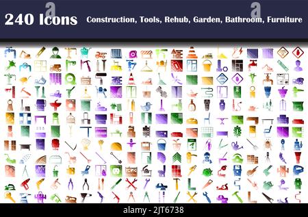240 Ikonen Der Konstruktion, Werkzeuge, Drehscheibe, Garten, Bad, Möbel. Flache Farbige Leiter. Vektorgrafik. Stock Vektor