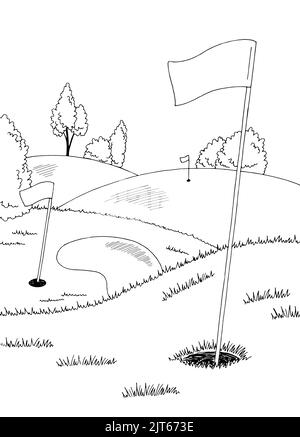 Golfplatz Grafik Kunst schwarz weiß Landschaft Skizze vertikale Illustration Vektor Stock Vektor