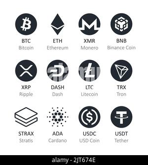 Kryptowährungsmünzen mit Beschriftung in Schwarz und Weiß, Vector Icon Set mit den wichtigsten Blockchain-Währungen. Stock Vektor