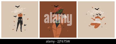 Handgezeichnete abstrakte Vektor Grafik Cliparts Illustration, Halloween Urlaub Kostüm Party Erwachsene Menschen Charaktere Sammlung Karten Vorlage set.Creepy Stock Vektor