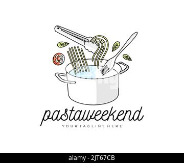 Pasta und Spaghetti, Kochtopf, Zange und Gabel, Logo-Design. Essen, Essen, Gemüse, Restaurant und Catering, Vektorgrafik und Illustration Stock Vektor