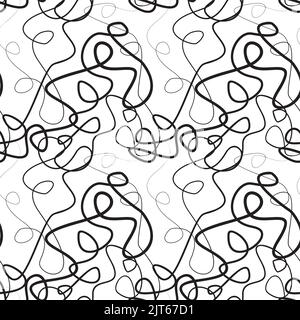 Fließendes Muster mit Wicklungslinien. Schwarz gewirbelte und kreuzende Fäden auf weißem Hintergrund. Verworrene Kurven unterschiedlicher Dicke, die sich durch eine Wrapping-Textur verwickeln. Vektor Stock Vektor