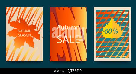Set aus hellen abstrakten Herbstpostern im modernen Hipster-Stil. Trendige moderne Kunst mit Herbstblättern. Vektor Stock Vektor