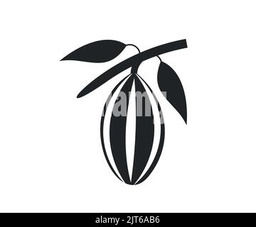 Logo der Kakaobranche. Verschiedene frische Kakaofrüchte mit halbgeschnittenem und Blatt-Vektor-Design und Illustration. Stock Vektor