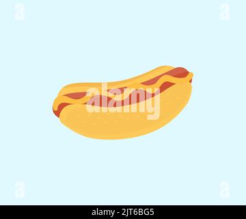Cartoon Hot Dog mit Senf-Logo-Design. Grill gegrillter Hot Dog mit gelbem Senf und Ketchup Vektor-Design und Illustration. Stock Vektor