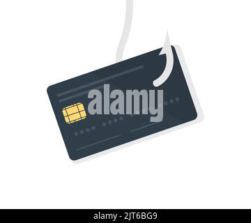 Kreditkarten-Phishing - Stapel von Kreditkarten mit einem Fischhaken-Logo-Design. Sicheres Online-Banking, Cyberangriff, Netzwerkdatensicherheit, sichere Bank. Stock Vektor