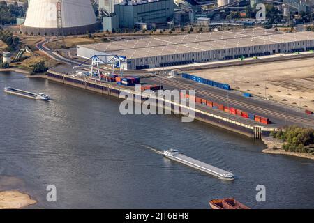 Luftaufnahme, Niederwasser des Rheins bei Walsum in Duisburg, Ruhrgebiet, Nordrhein-Westfalen, Deutschland, Duisburg, DE, Europa, Vogelaugen-Ansicht, Luftaufnahme Stockfoto