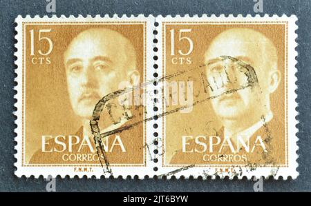 Abgesagte Briefmarke gedruckt von Spanien zeigt General Francisco Franco, um 1955. Stockfoto