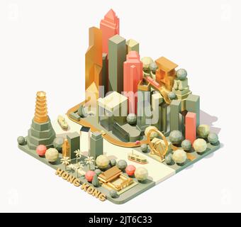 Vektor-isometrische Skyline von Hongkong, China. Low-Poly-Darstellung. Fiktive isometrische Karte. Wahrzeichen Hongkongs und berühmte Gebäude Stock Vektor