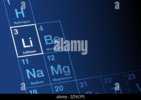 Lithium, chemisches Element im Periodensystem der Elemente. Alkalimetall, mit Elementsymbol Li, aus griechischem lithos, Stein. Ordnungszahl 3. Stockfoto