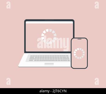 Dateifreigabe zwischen Geräten Logo-Design. Computer und Telefon synchronisieren Ordner und Dateien. Geräteübergreifende Synchronisierung, Tracking, browserübergreifende Kompatibilität. Stock Vektor