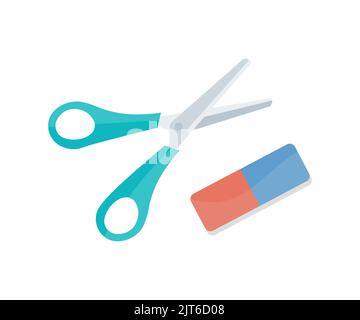 Briefpapier-Set mit Radiergummi und Scherenlogo-Design. Draufsicht mit Kopierbereich. Schulbedarf oder Bürobedarf. Zurück zur Schule Konzept Vektor-Design Stock Vektor